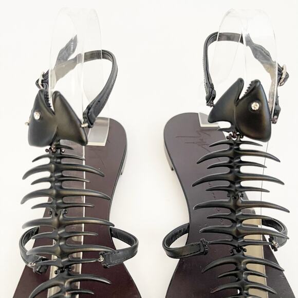 Giuseppe Zanotti Black Leather Fishbone Flat Ankle Strap Sandals IT 37.5 - Picture 8 of 12